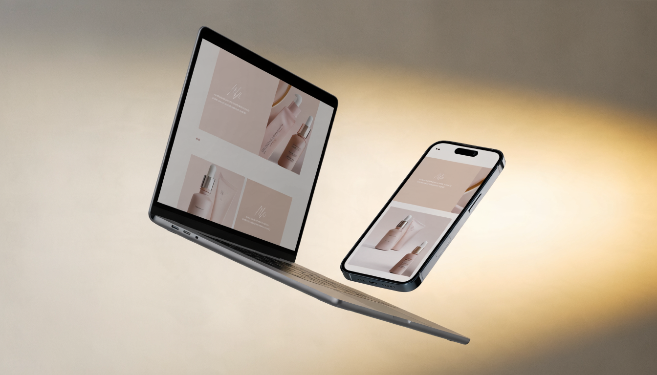 تصميم متجر إلكتروني لعلامة عناية بالبشرة معروض على لابتوب وهاتف
